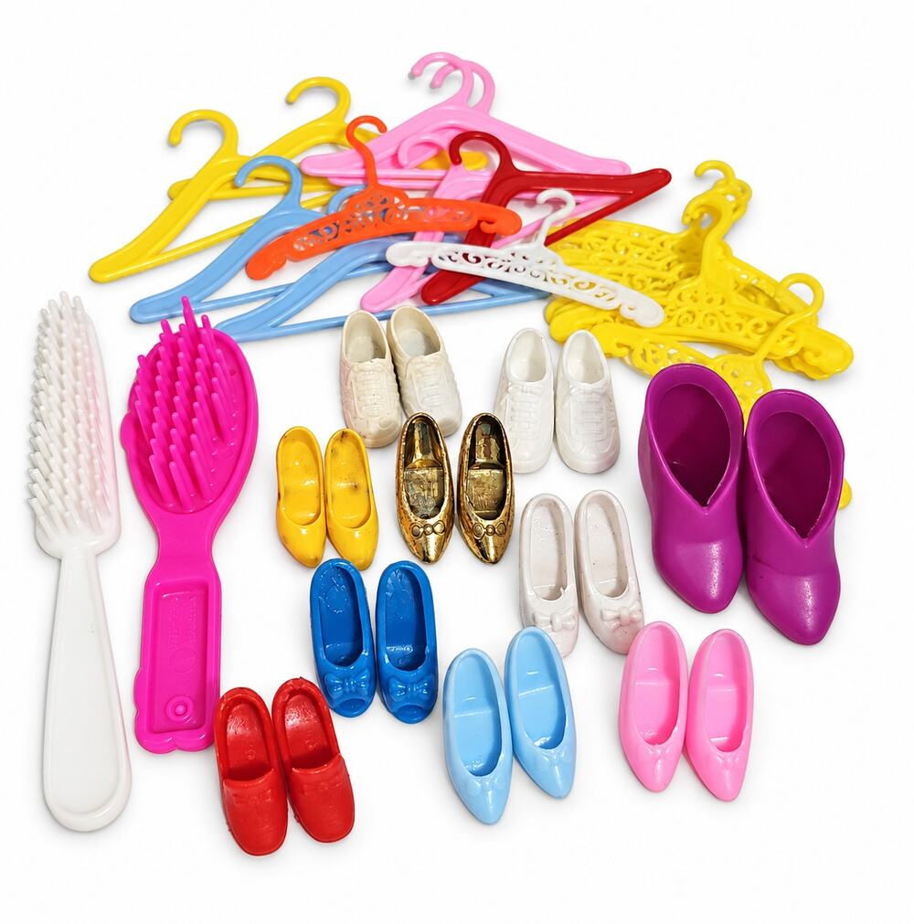 Set of Vintage Barbie Shoes Clothing Hangers Brushes Heels